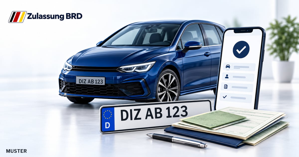 Online Fahrzeugzulassung in Bad Ems: Musterkennzeichen DIZ AB 123, Auto und Fahrzeugpapiere und Smartphone. Illustration mit Logo von Zulassung BRD.